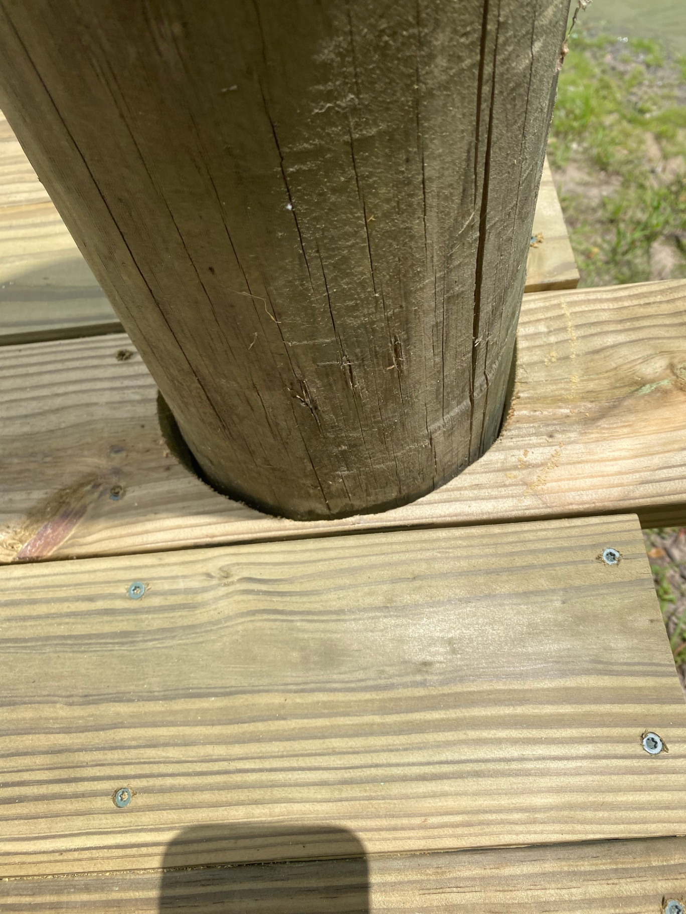 Close-up of treated wood piling cleanly fitted through pond dock decking