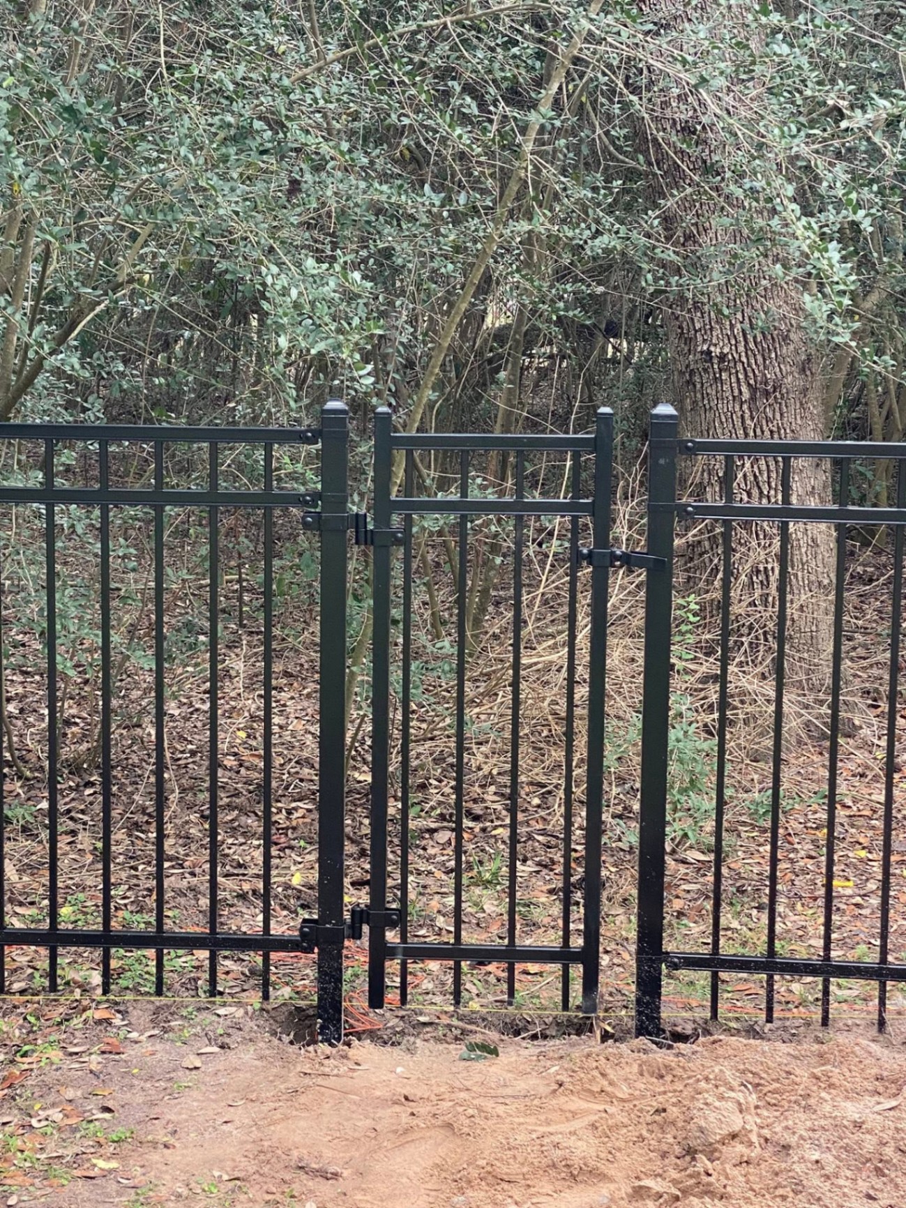 Close-up of black aluminum fence gate hardware and posts