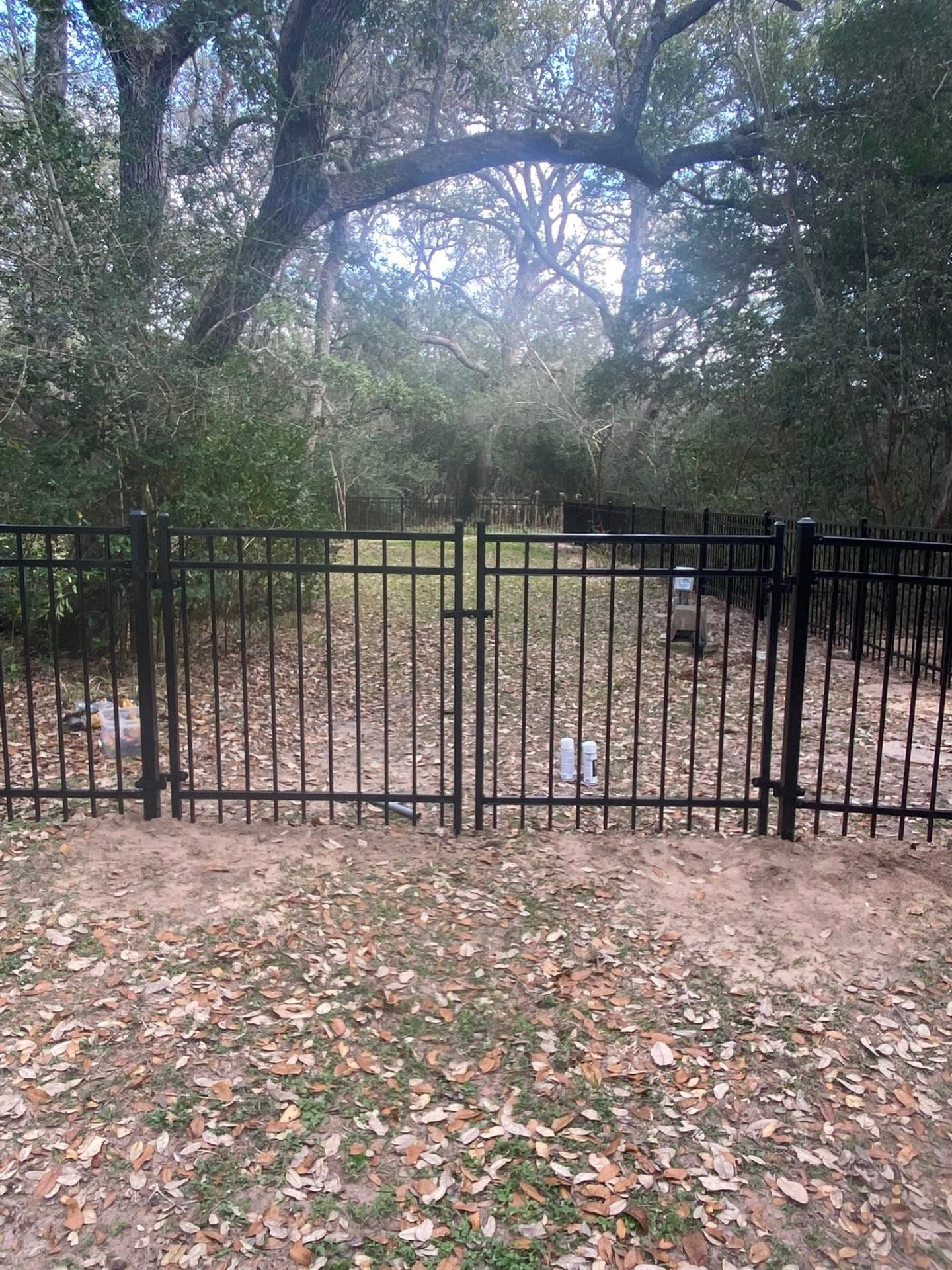 Black aluminum fence and walk gate in a Texas backyard