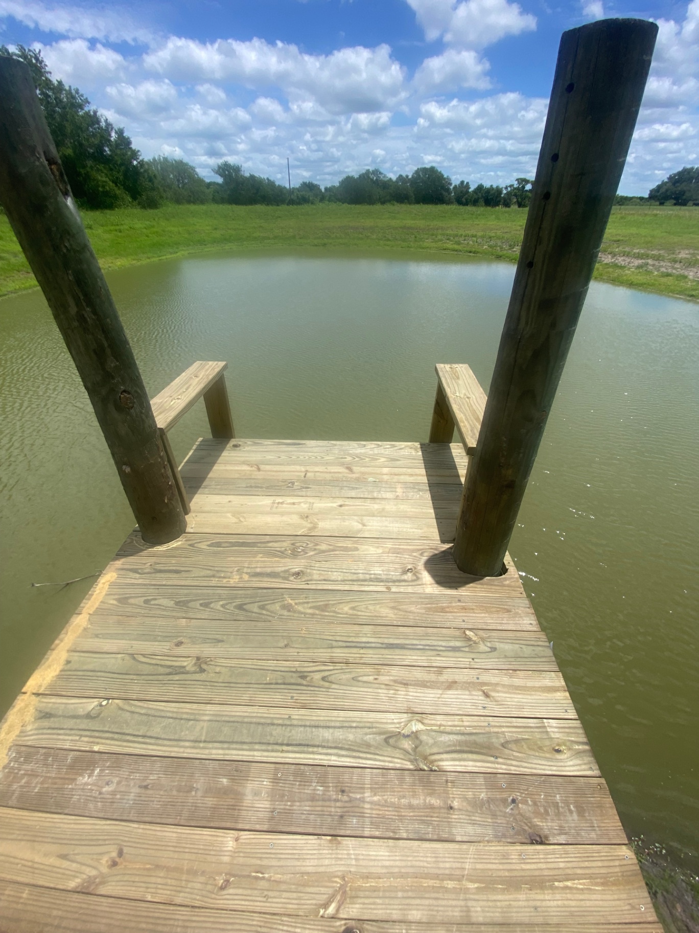 View from a pond dock with wood pilings looking out over the water