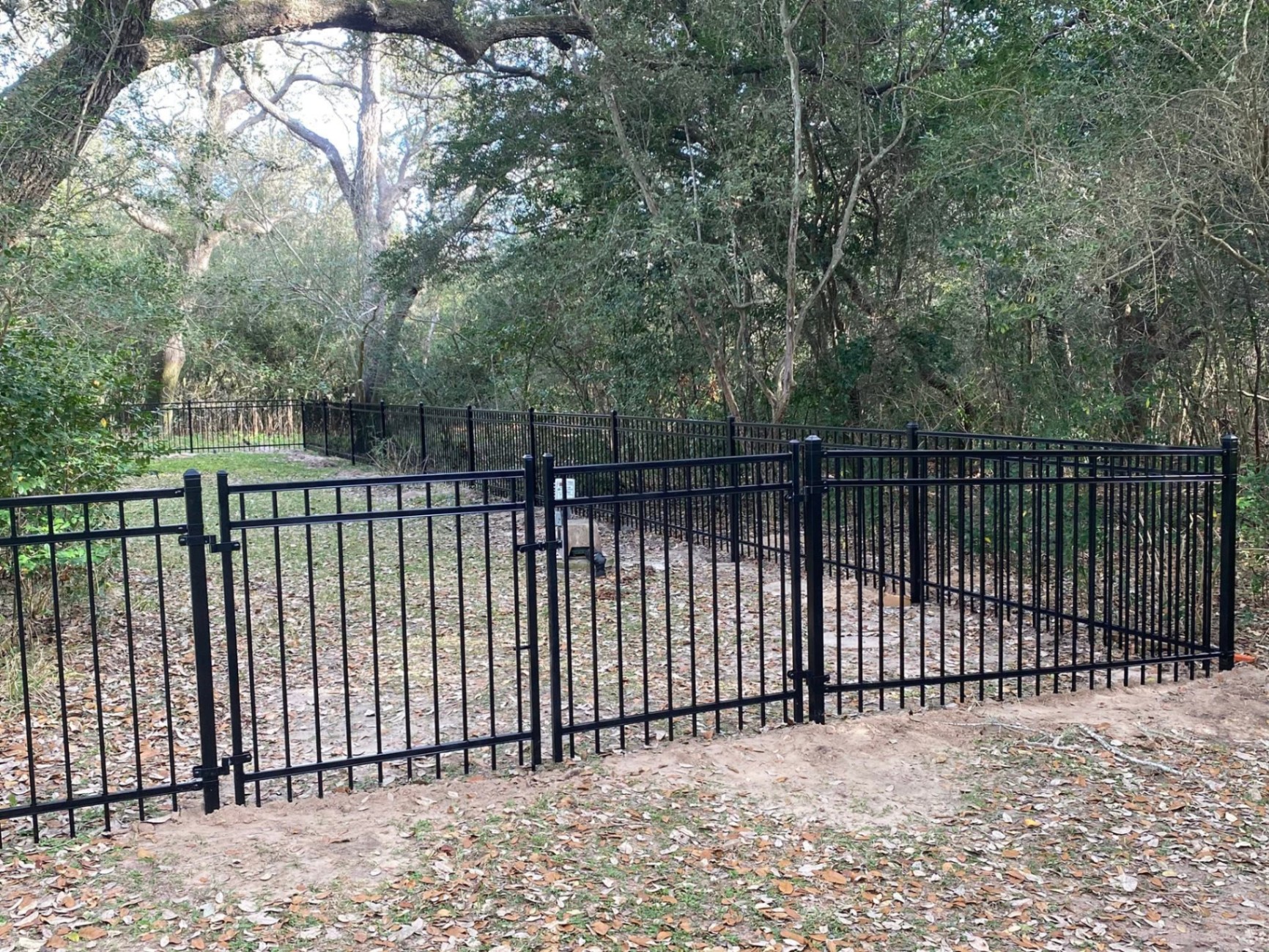 Black aluminum fence with double drive gate in a wooded yard