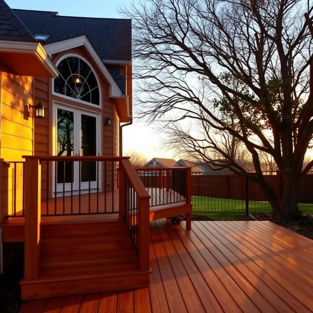 Custom backyard wood deck with railings